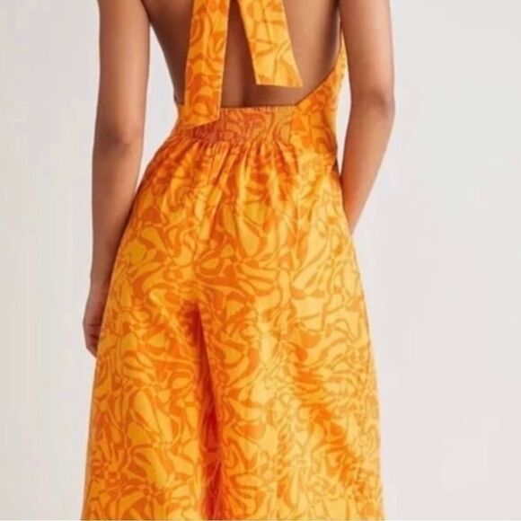 New Free People Kira Jumpsuit Yellow/orange 
 Wide Leg Retro size S NWOT - Picture 6 of 8